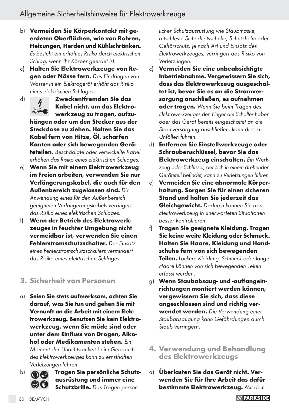 Sicherheit von personen, Verwendung und behandlung des elektrowerkzeugs | Parkside PES 200 B1 User Manual | Page 60 / 65