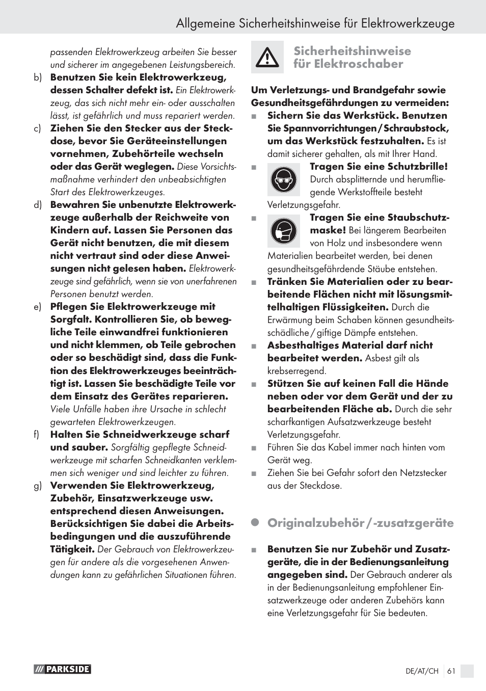 Sicherheitshinweise für elektroschaber, Originalzubehör / -zusatzgeräte | Parkside PES 200 B1 User Manual | Page 61 / 65