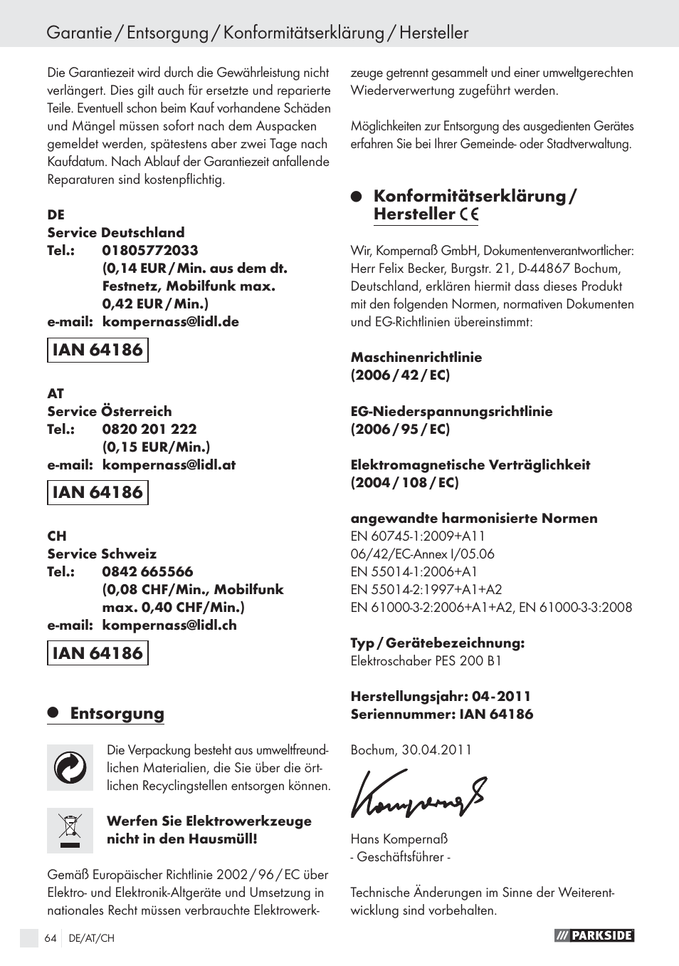 Entsorgung, Konformitätserklärung / hersteller | Parkside PES 200 B1 User Manual | Page 64 / 65