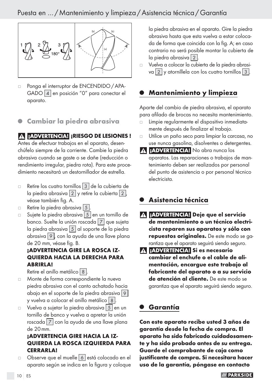 Cambiar la piedra abrasiva, Mantenimiento y limpieza, Asistencia técnica | Garantía | Parkside PBSG 55 A1 User Manual | Page 10 / 45