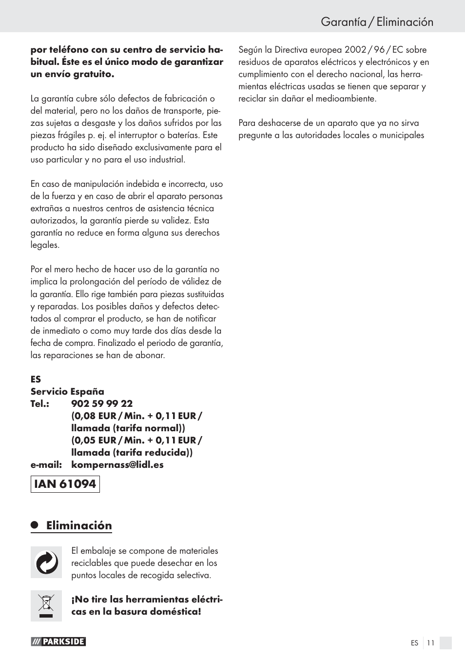 Garantía / eliminación, Eliminación | Parkside PBSG 55 A1 User Manual | Page 11 / 45