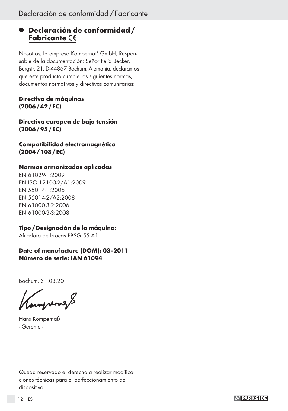 Declaración de conformidad / fabricante | Parkside PBSG 55 A1 User Manual | Page 12 / 45