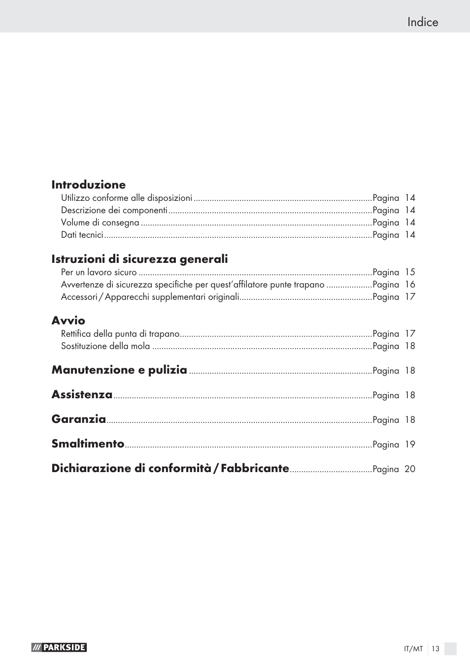 Indice | Parkside PBSG 55 A1 User Manual | Page 13 / 45