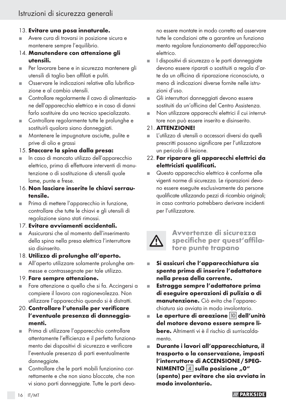 Istruzioni di sicurezza generali | Parkside PBSG 55 A1 User Manual | Page 16 / 45