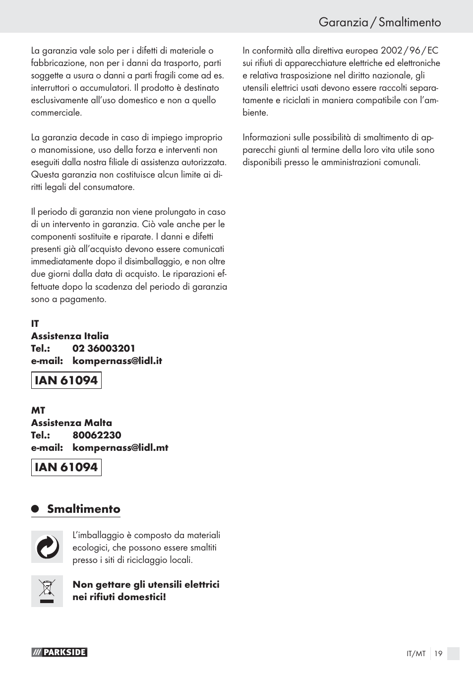Garanzia / smaltimento, Smaltimento | Parkside PBSG 55 A1 User Manual | Page 19 / 45