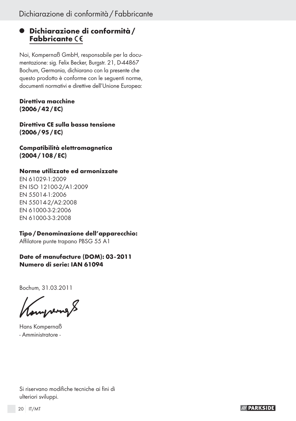 Dichiarazione di conformità / fabbricante | Parkside PBSG 55 A1 User Manual | Page 20 / 45