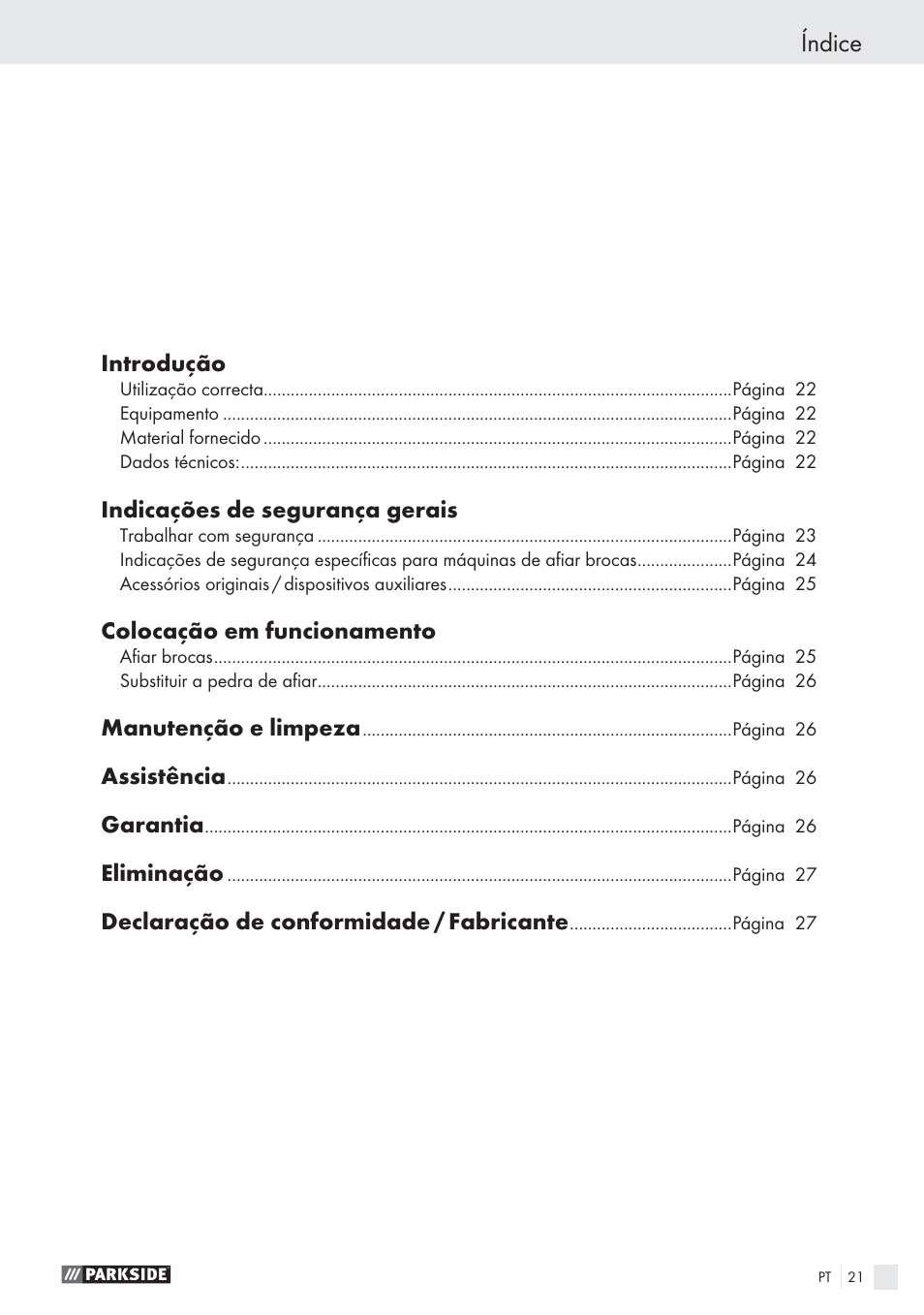 Índice | Parkside PBSG 55 A1 User Manual | Page 21 / 45