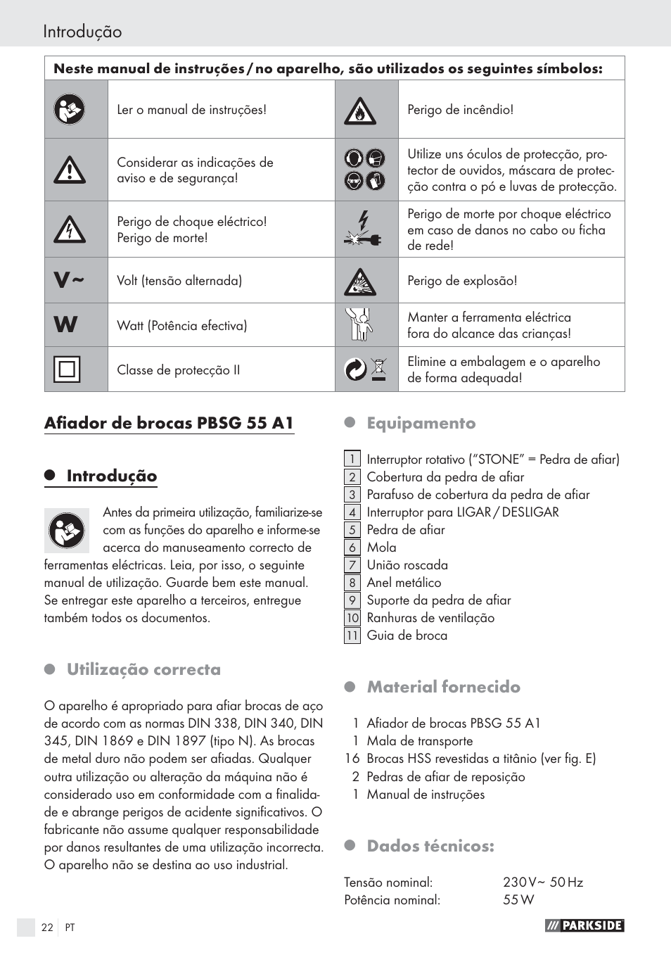 Introdução, Aﬁador de brocas pbsg 55 a1, Utilização correcta | Equipamento, Material fornecido, Dados técnicos | Parkside PBSG 55 A1 User Manual | Page 22 / 45