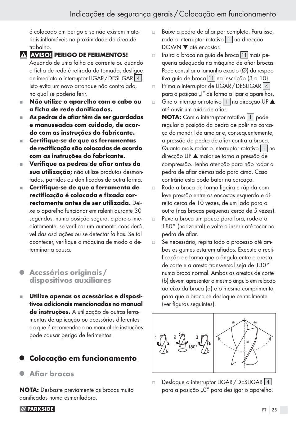 Acessórios originais / dispositivos auxiliares, Colocação em funcionamento, Aﬁar brocas | Parkside PBSG 55 A1 User Manual | Page 25 / 45