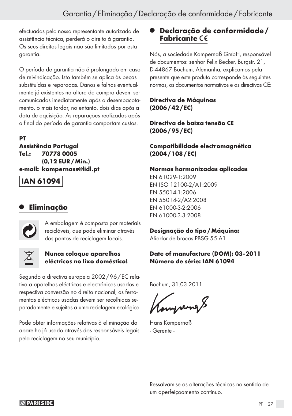 Eliminação, Declaração de conformidade / fabricante | Parkside PBSG 55 A1 User Manual | Page 27 / 45