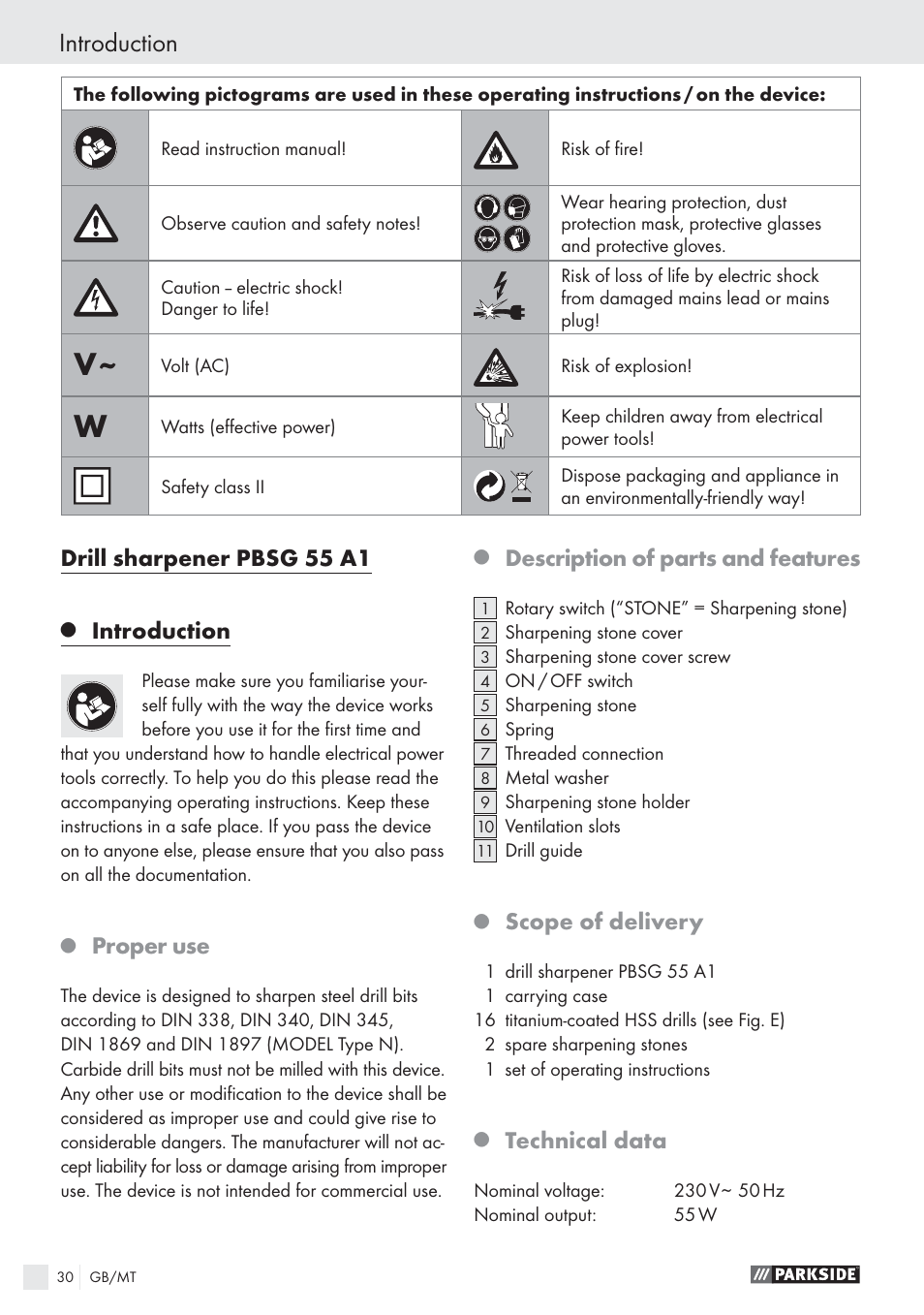 Introduction, Drill sharpener pbsg 55 a1, Proper use | Description of parts and features, Scope of delivery, Technical data | Parkside PBSG 55 A1 User Manual | Page 30 / 45