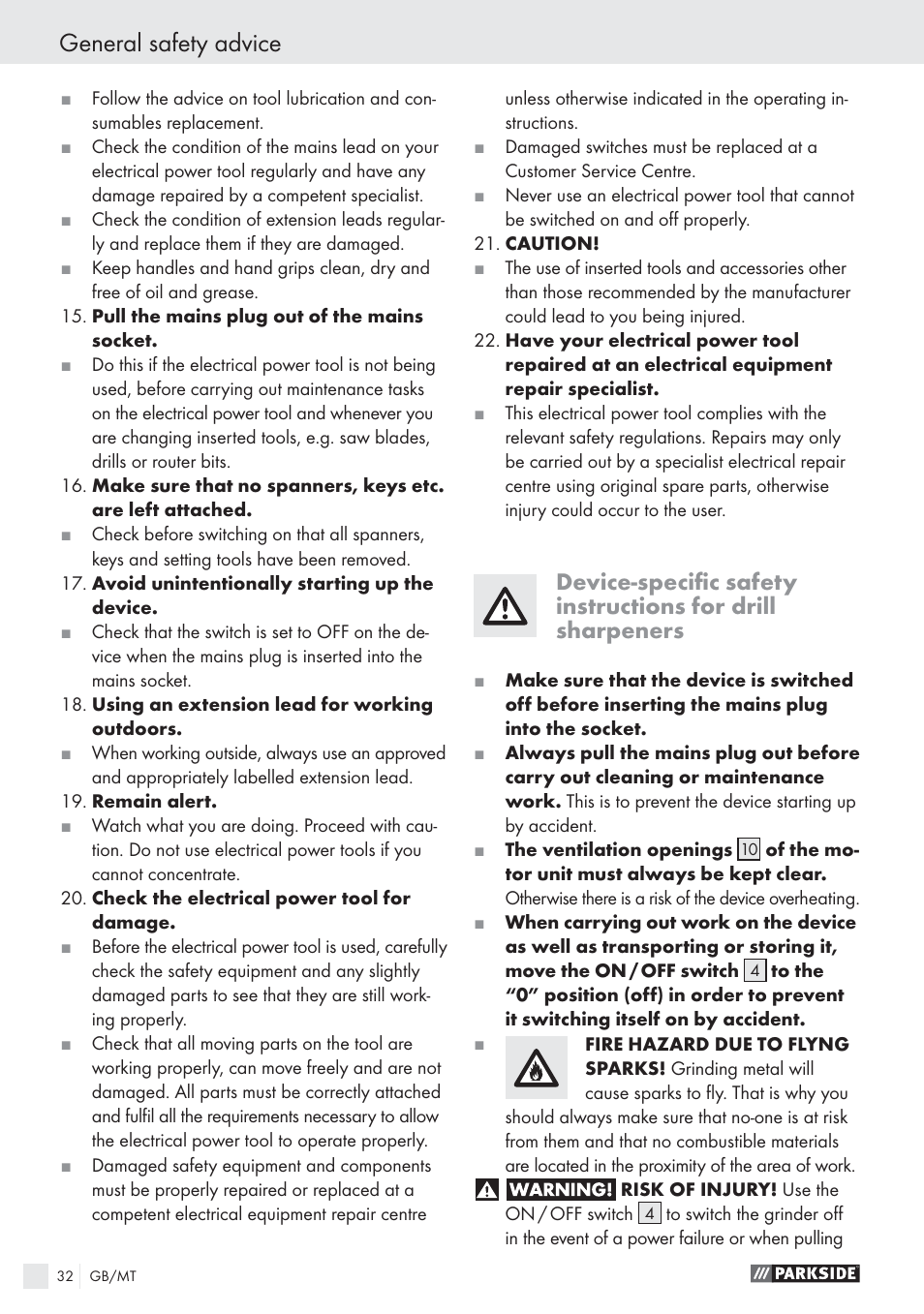 General safety advice | Parkside PBSG 55 A1 User Manual | Page 32 / 45