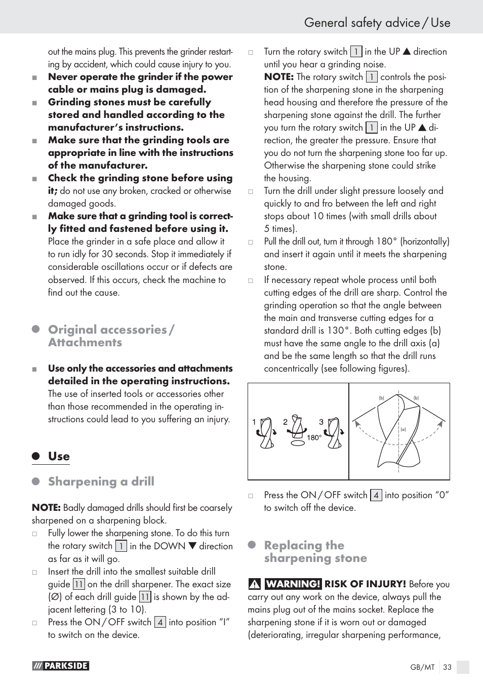 General safety advice / use, Original accessories / attachments, Sharpening a drill | Replacing the sharpening stone | Parkside PBSG 55 A1 User Manual | Page 33 / 45