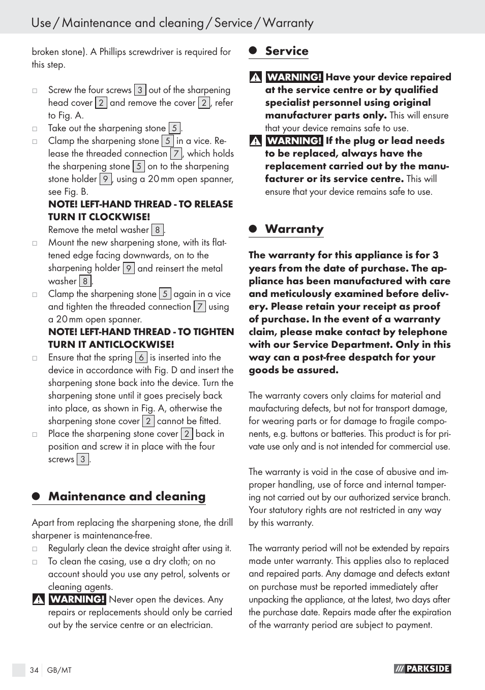 Maintenance and cleaning, Service, Warranty | Parkside PBSG 55 A1 User Manual | Page 34 / 45