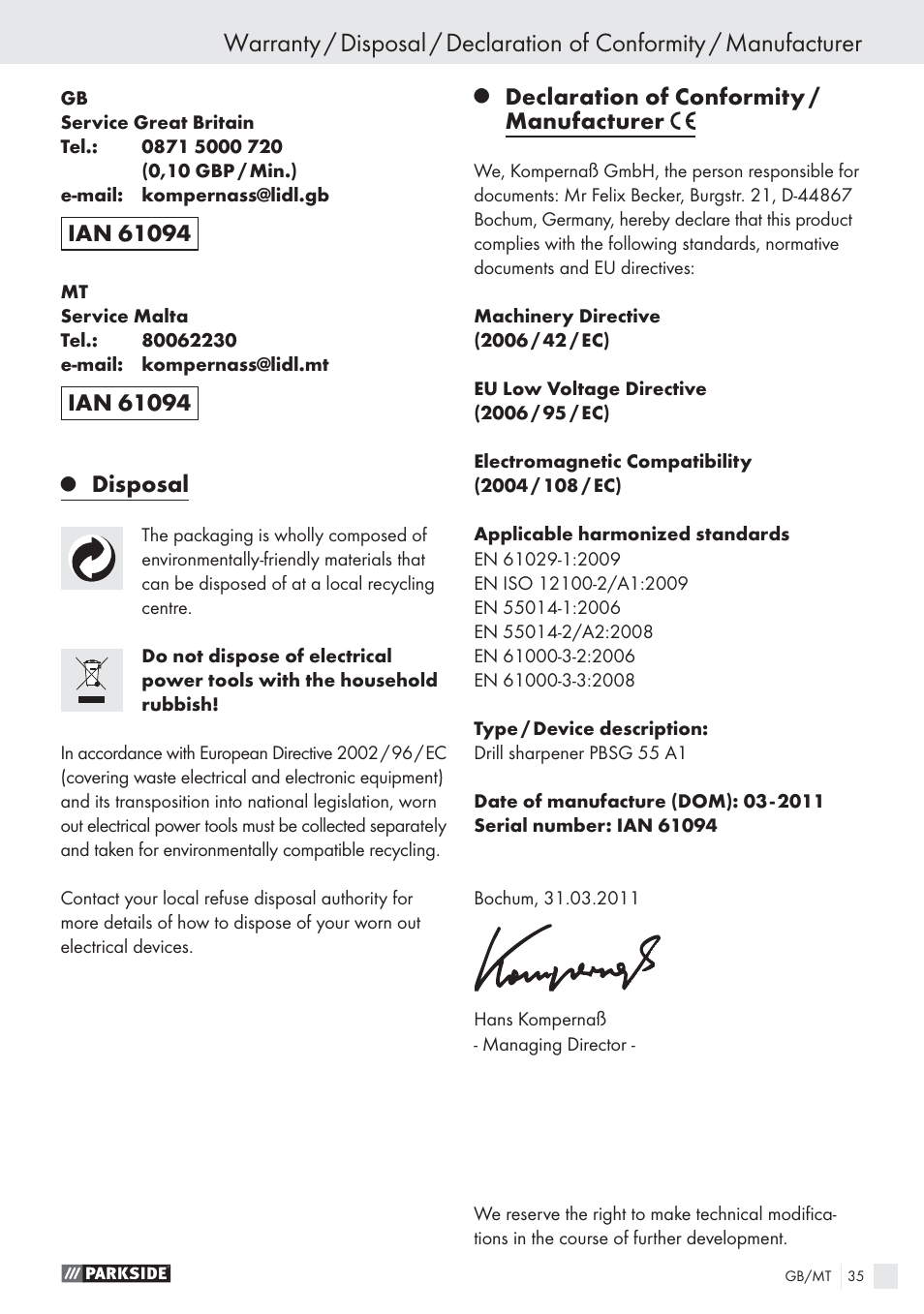Disposal, Declaration of conformity / manufacturer | Parkside PBSG 55 A1 User Manual | Page 35 / 45