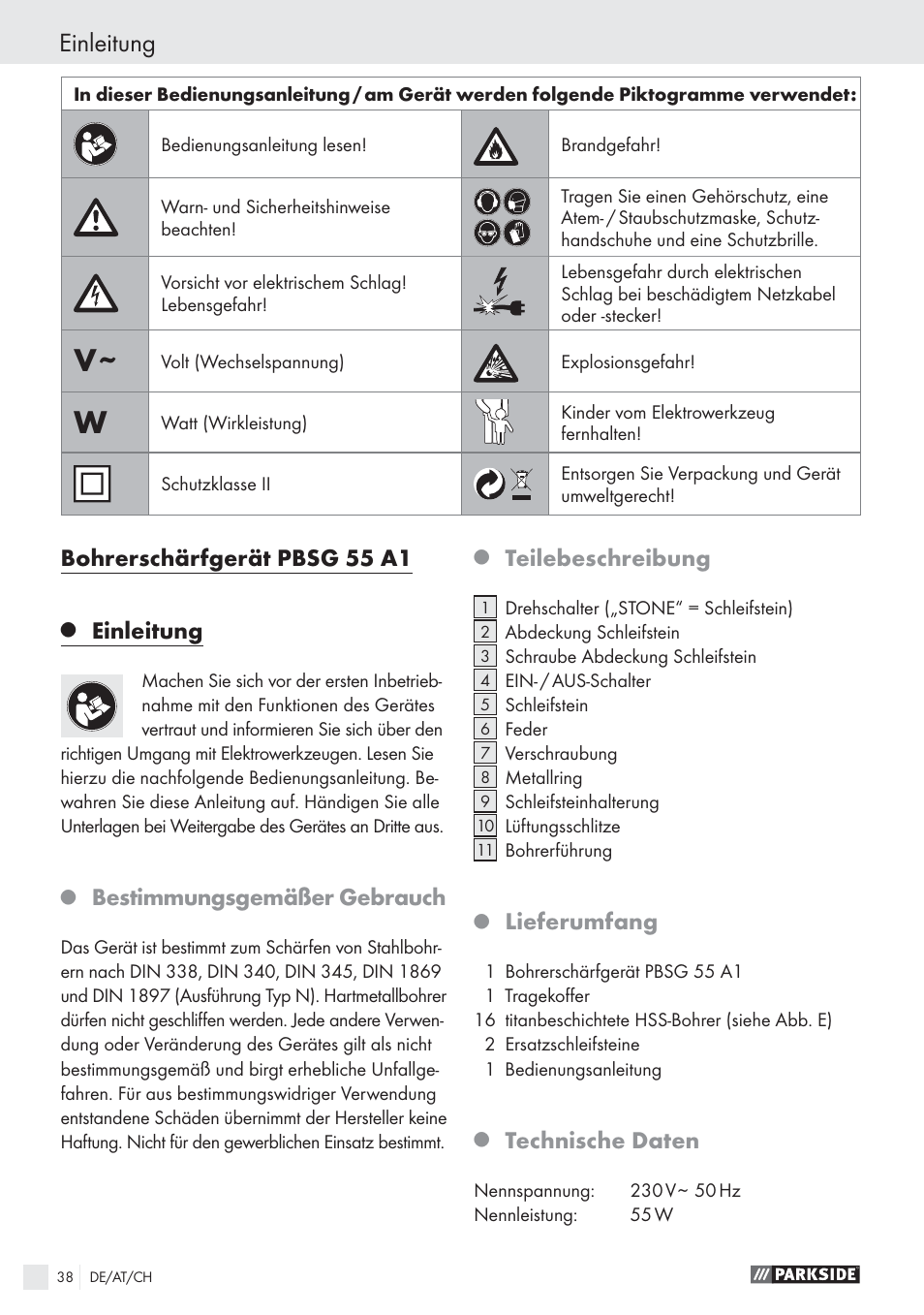 Einleitung, Bohrerschärfgerät pbsg 55 a1, Bestimmungsgemäßer gebrauch | Teilebeschreibung, Lieferumfang, Technische daten | Parkside PBSG 55 A1 User Manual | Page 38 / 45