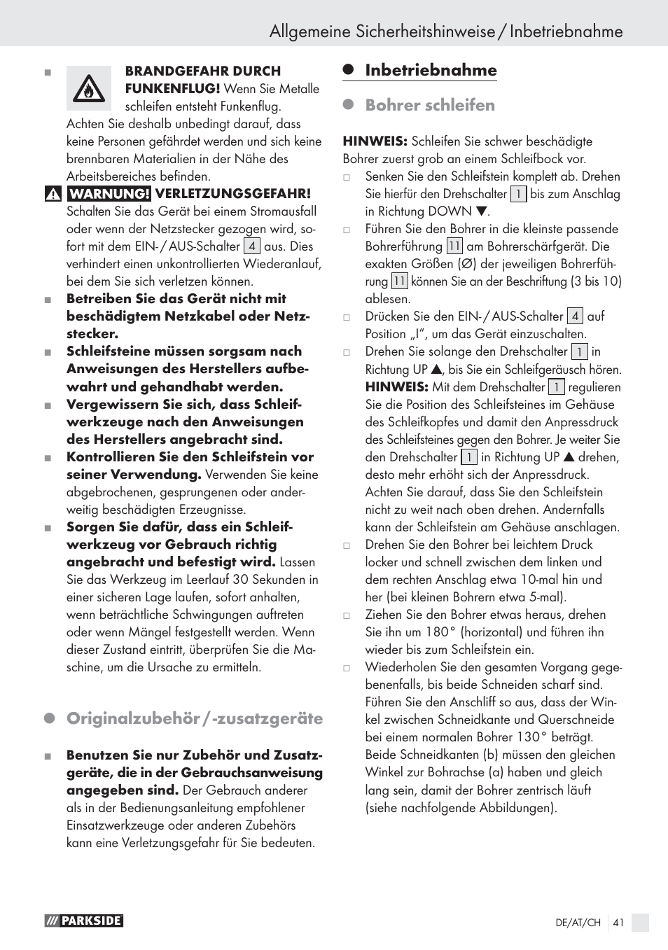 Allgemeine sicherheitshinweise / inbetriebnahme, Originalzubehör / -zusatzgeräte, Inbetriebnahme | Bohrer schleifen | Parkside PBSG 55 A1 User Manual | Page 41 / 45
