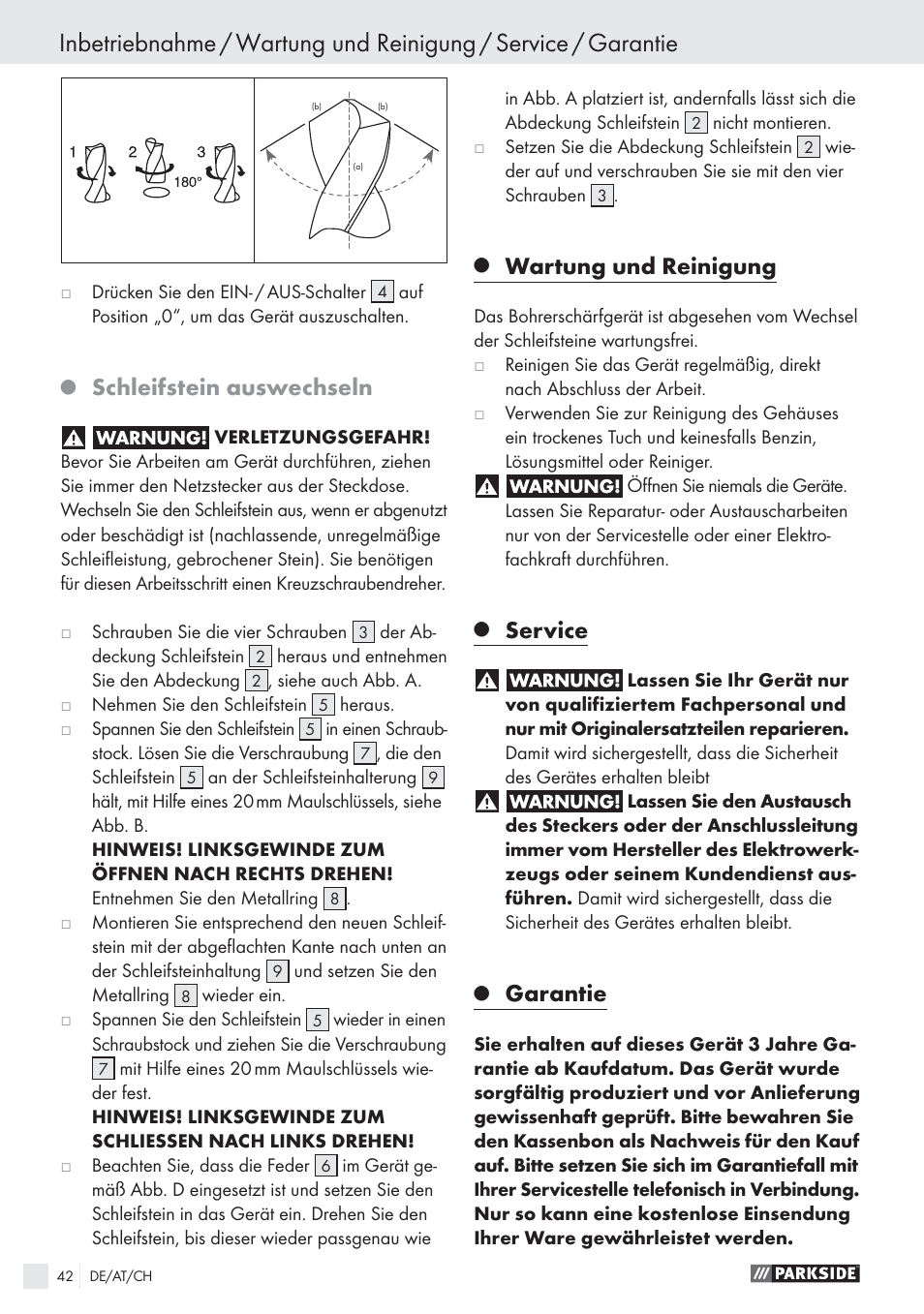 Schleifstein auswechseln, Wartung und reinigung, Service | Garantie | Parkside PBSG 55 A1 User Manual | Page 42 / 45