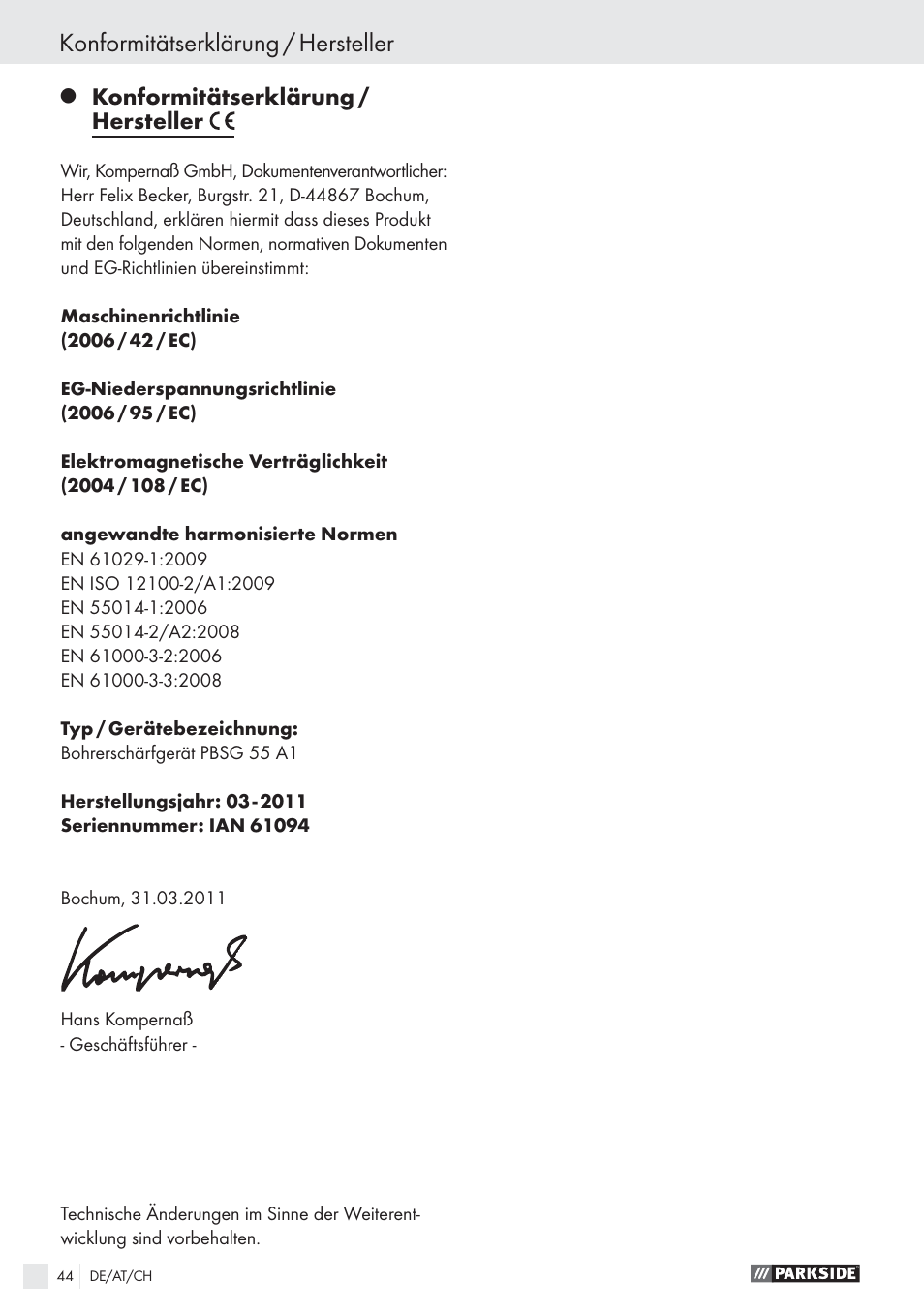 Konformitätserklärung / hersteller | Parkside PBSG 55 A1 User Manual | Page 44 / 45