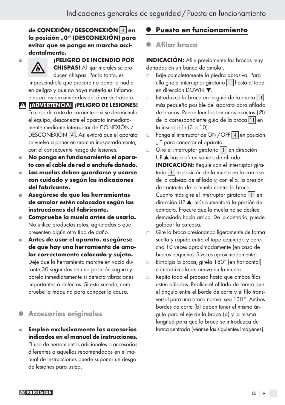 Accesorios originales, Puesta en funcionamiento, Aﬁlar broca | Parkside PBSG 55 A1 User Manual | Page 9 / 45