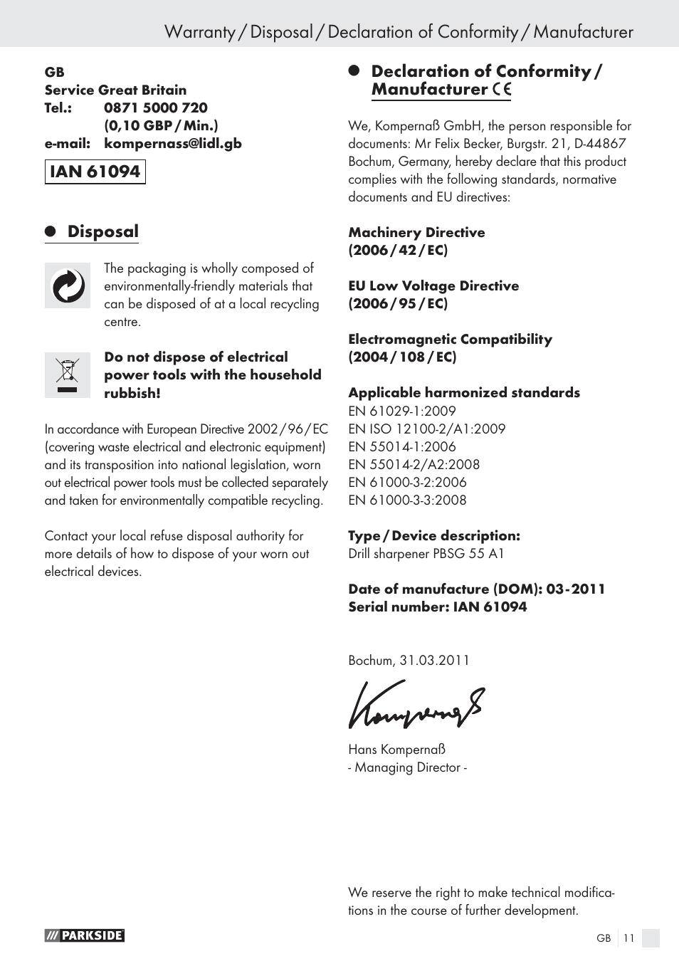 Disposal, Declaration of conformity / manufacturer | Parkside PBSG 55 A1 User Manual | Page 11 / 61