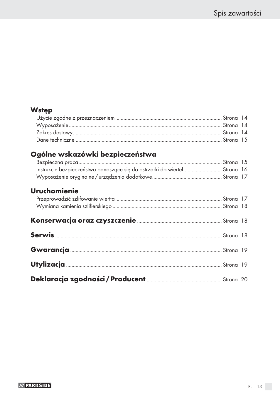Spis zawartości | Parkside PBSG 55 A1 User Manual | Page 13 / 61