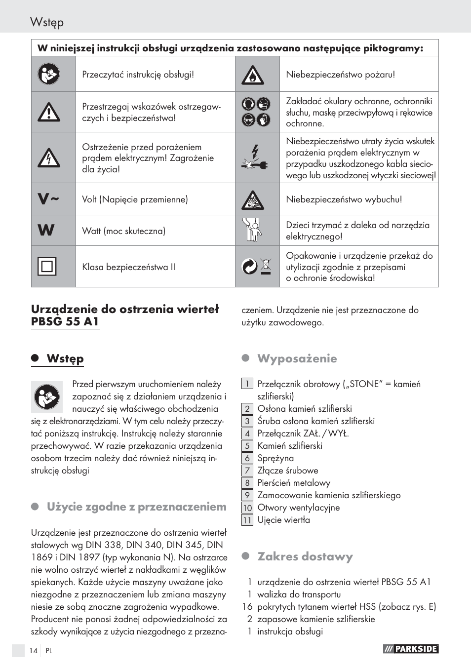 Wstęp, Urządzenie do ostrzenia wierteł pbsg 55 a1, Użycie zgodne z przeznaczeniem | Wyposażenie, Zakres dostawy | Parkside PBSG 55 A1 User Manual | Page 14 / 61