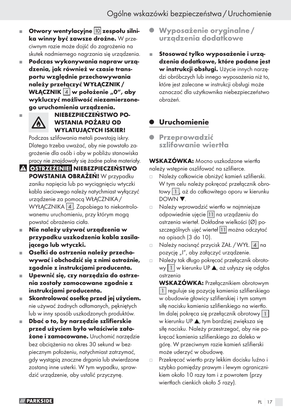Ogólne wskazówki bezpieczeństwa / uruchomienie, Wyposażenie oryginalne / urządzenia dodatkowe, Uruchomienie | Przeprowadzić szlifowanie wiertła | Parkside PBSG 55 A1 User Manual | Page 17 / 61
