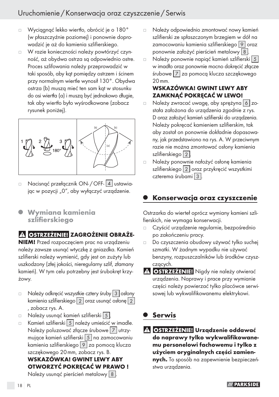 Wymiana kamienia szliﬁerskiego, Konserwacja oraz czyszczenie, Serwis | Parkside PBSG 55 A1 User Manual | Page 18 / 61