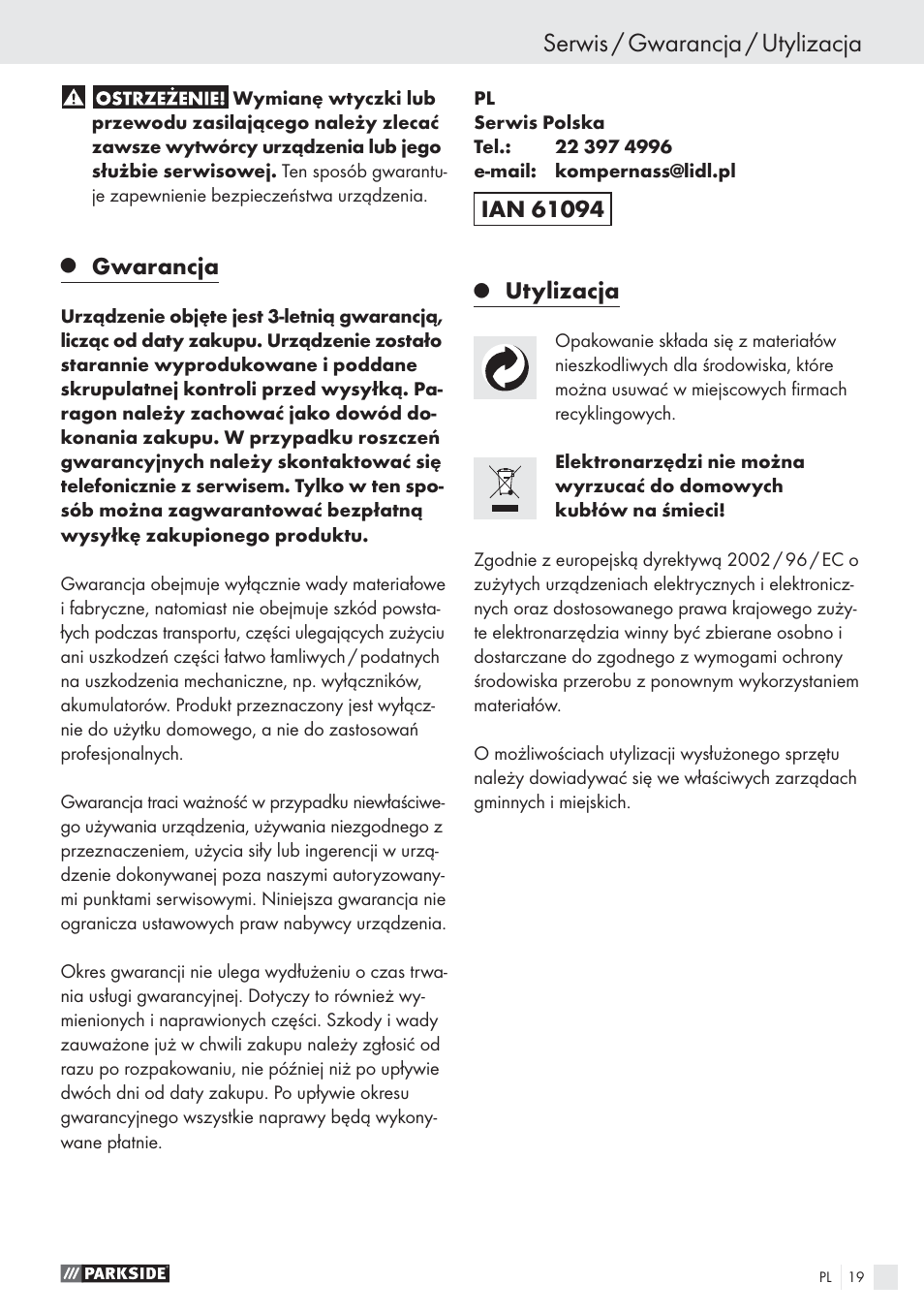 Serwis / gwarancja / utylizacja, Gwarancja, Utylizacja | Parkside PBSG 55 A1 User Manual | Page 19 / 61