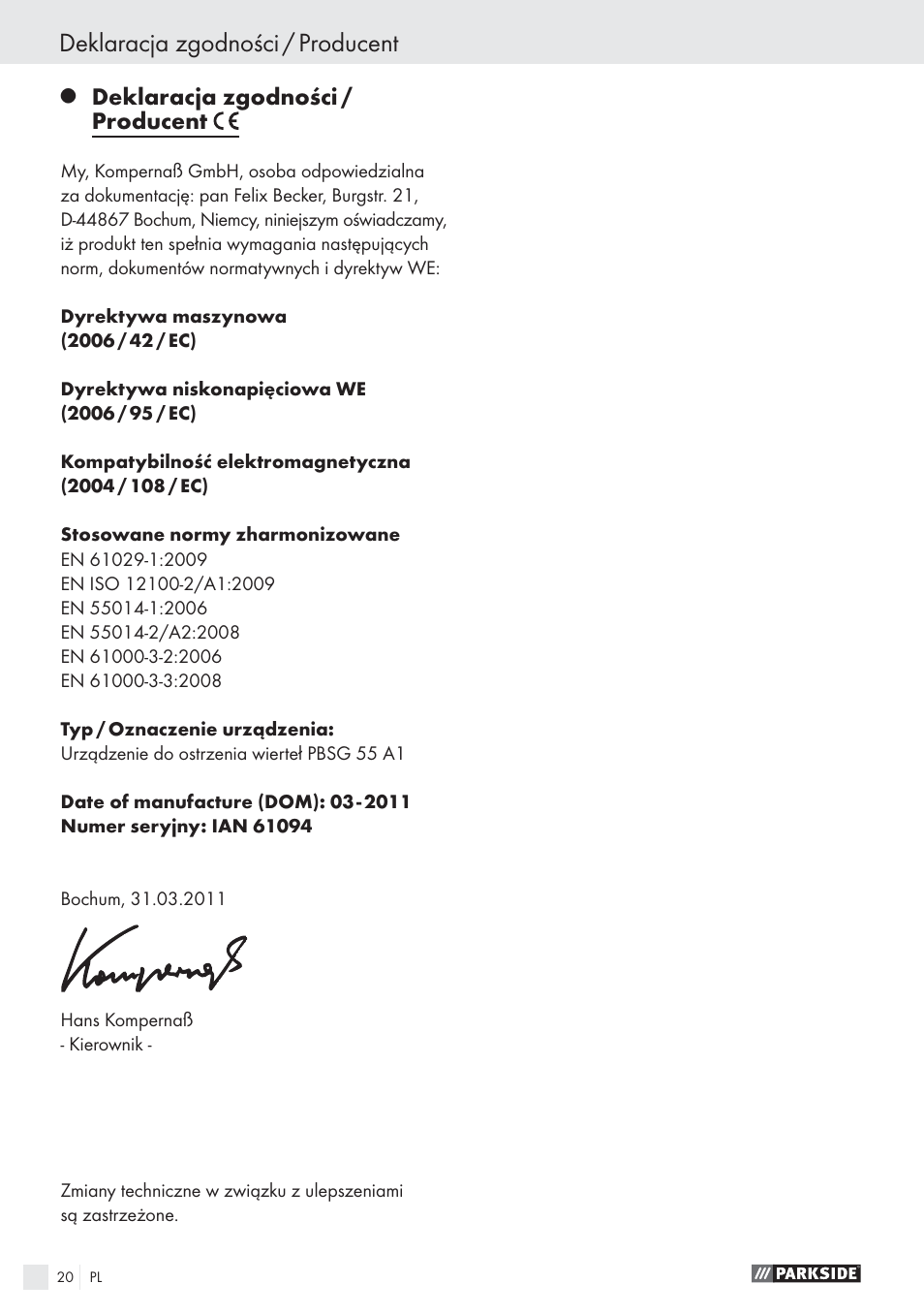 Deklaracja zgodności / producent | Parkside PBSG 55 A1 User Manual | Page 20 / 61