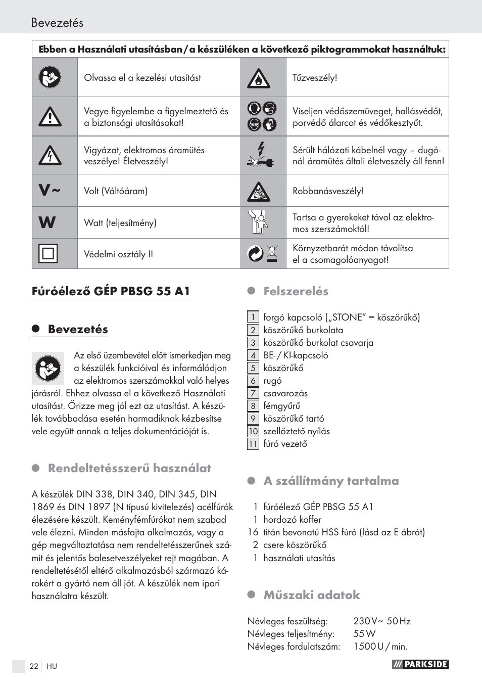Bevezetés, Fúróélező gép pbsg 55 a1, Rendeltetésszerű használat | Felszerelés, A szállítmány tartalma, Műszaki adatok | Parkside PBSG 55 A1 User Manual | Page 22 / 61