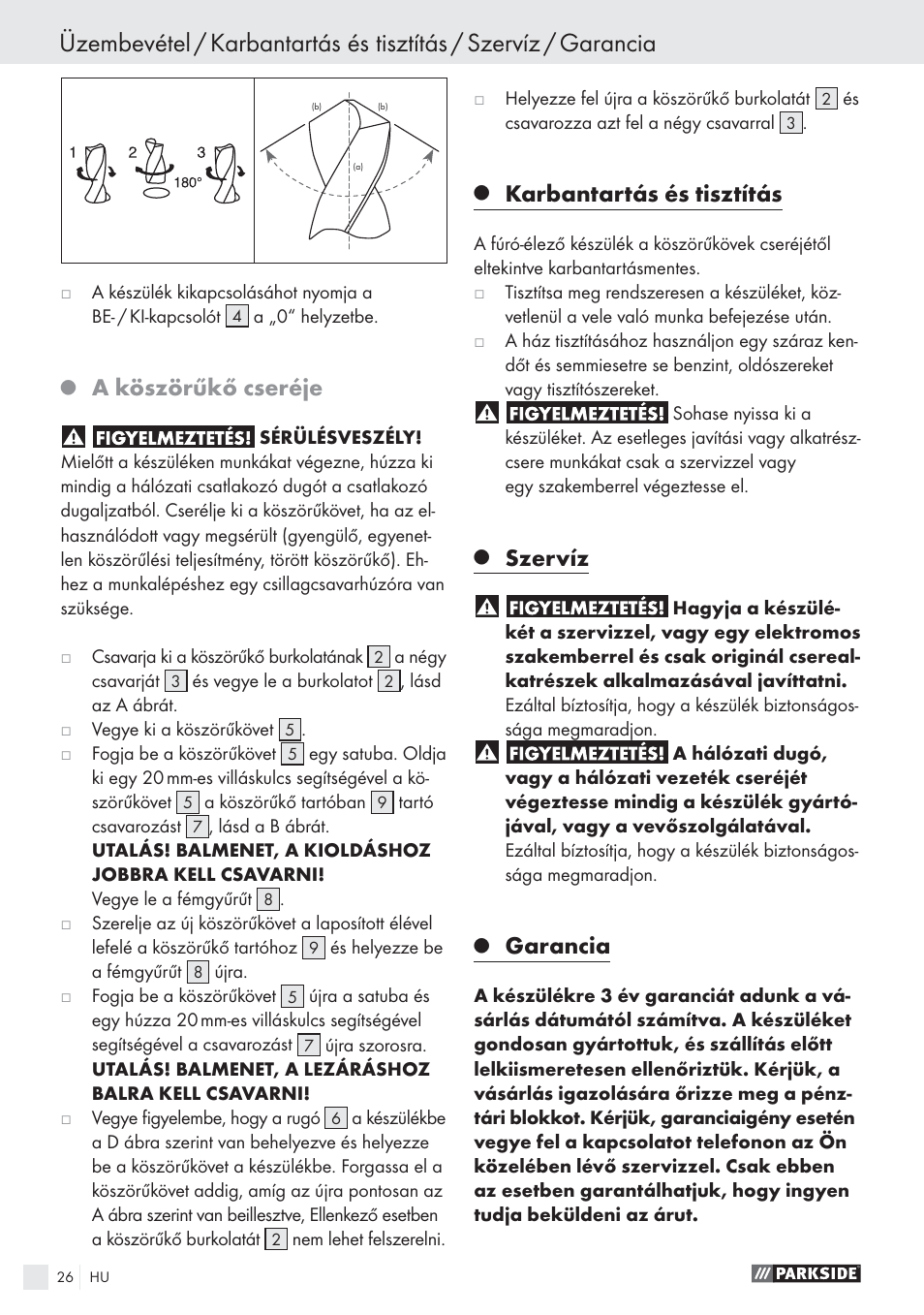 A köszörűkő cseréje, Karbantartás és tisztítás, Szervíz | Garancia | Parkside PBSG 55 A1 User Manual | Page 26 / 61