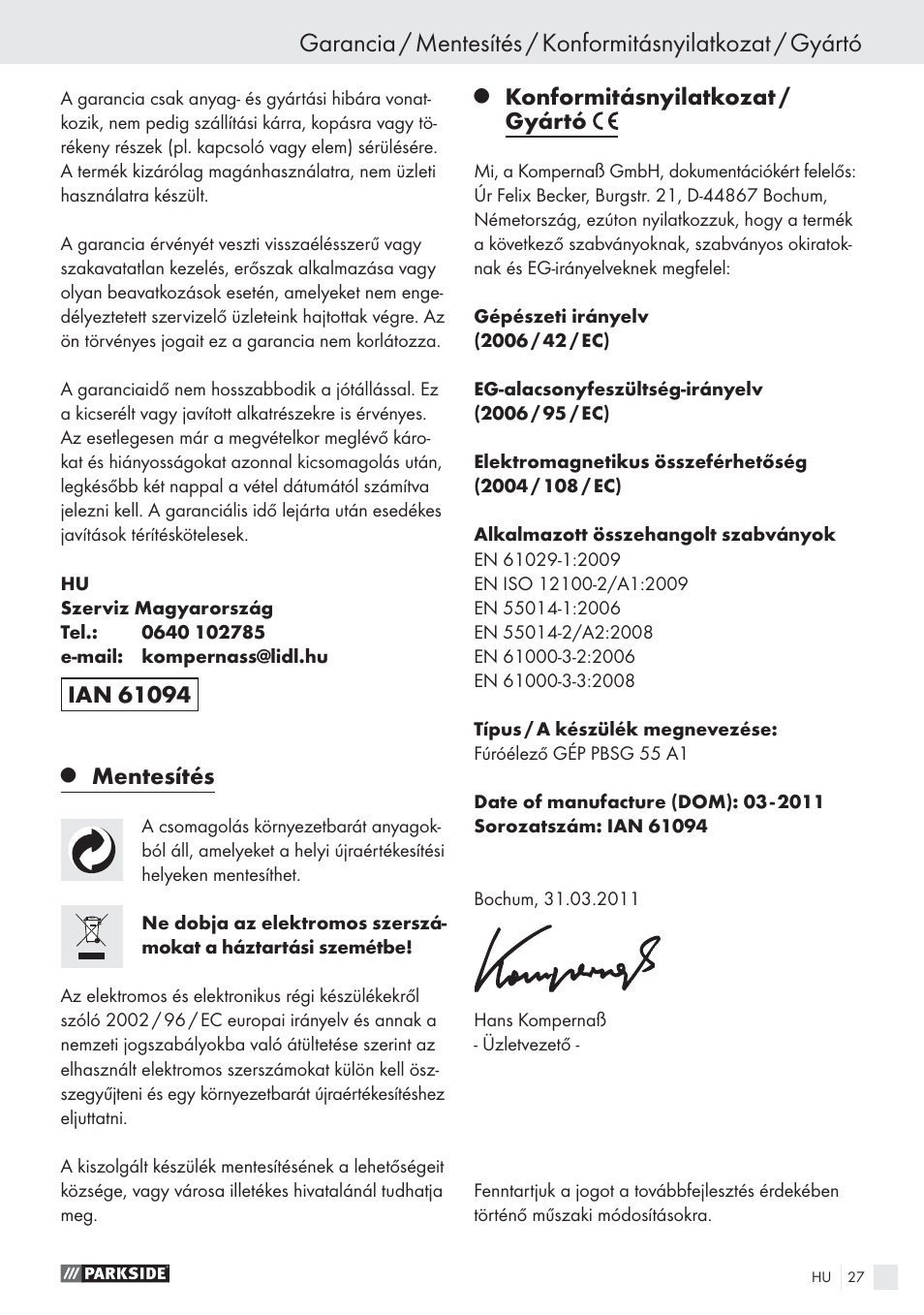 Mentesítés, Konformitásnyilatkozat / gyártó | Parkside PBSG 55 A1 User Manual | Page 27 / 61