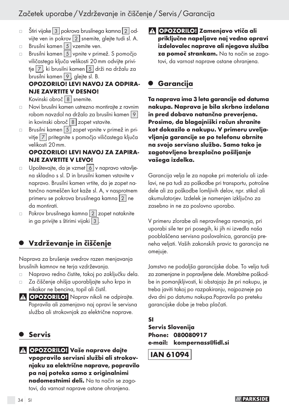 Vzdrževanje in čiščenje, Servis, Garancija | Parkside PBSG 55 A1 User Manual | Page 34 / 61
