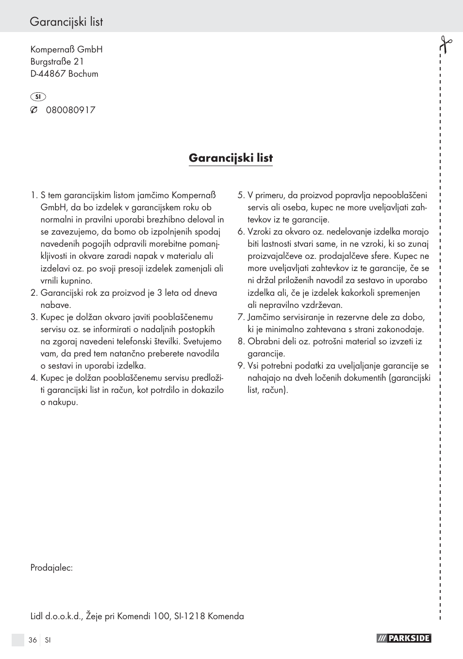 Garancijski list | Parkside PBSG 55 A1 User Manual | Page 36 / 61