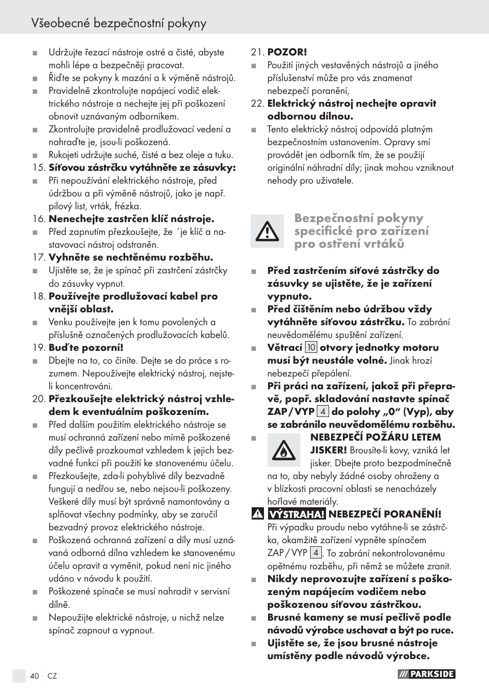 Všeobecné bezpečnostní pokyny | Parkside PBSG 55 A1 User Manual | Page 40 / 61