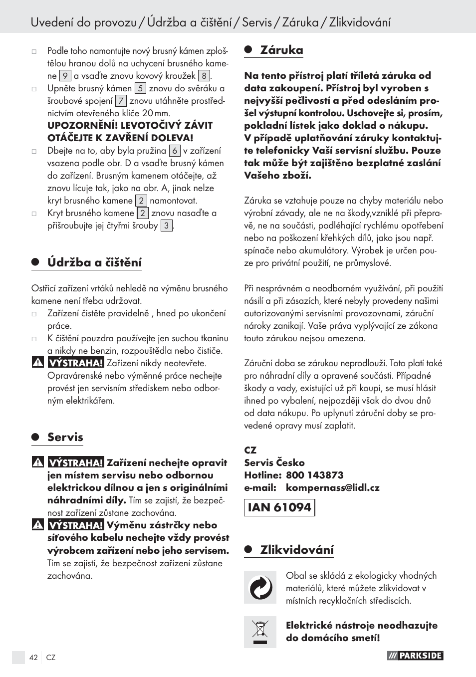 Údržba a čištění, Servis, Záruka | Zlikvidování | Parkside PBSG 55 A1 User Manual | Page 42 / 61