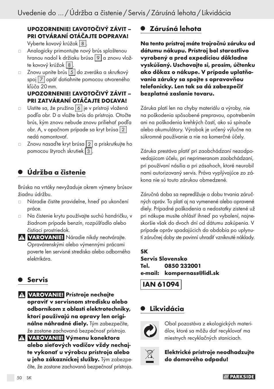 Údržba a čistenie, Servis, Záruśná lehota | Likvidácia | Parkside PBSG 55 A1 User Manual | Page 50 / 61