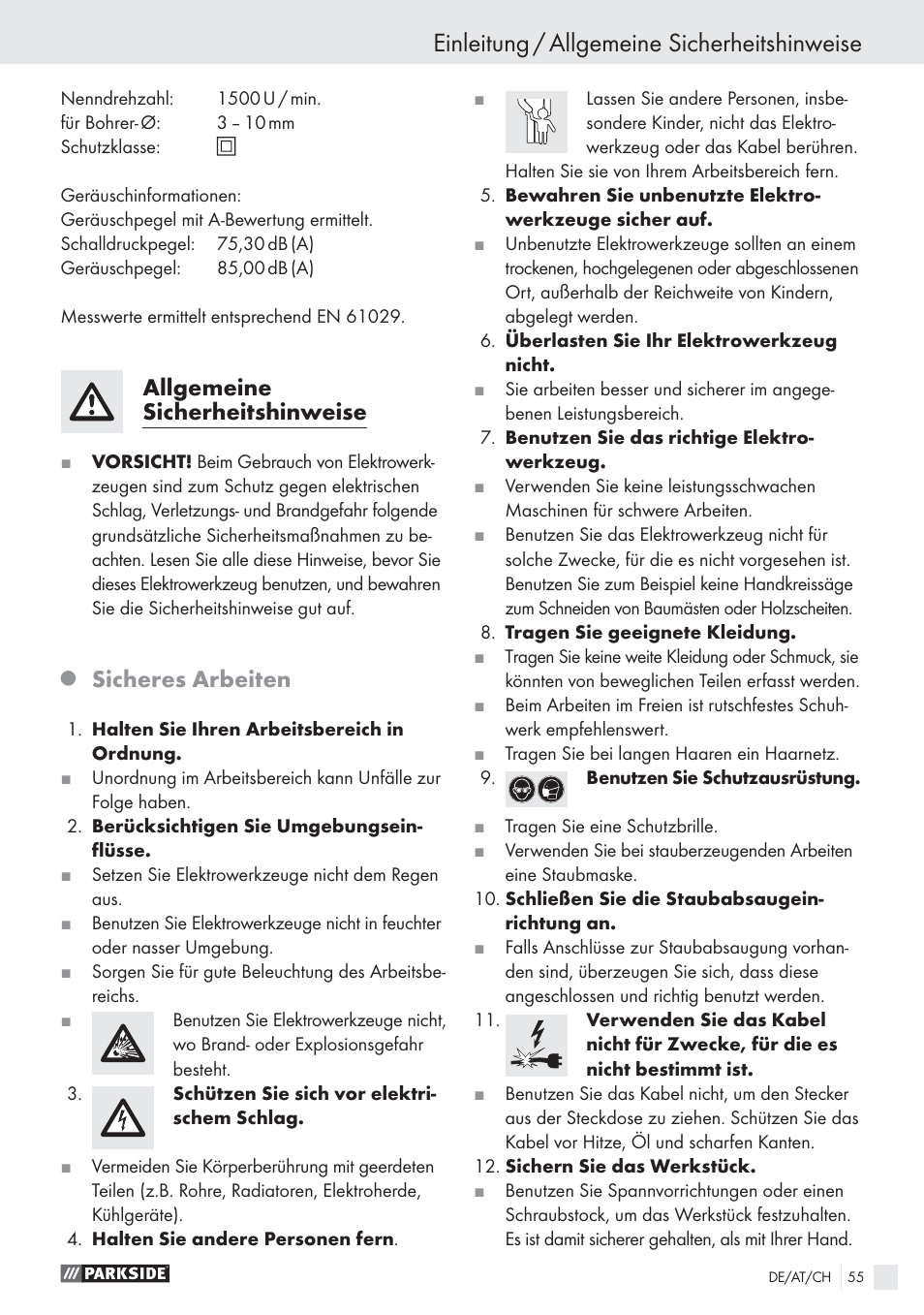 Einleitung / allgemeine sicherheitshinweise, Allgemeine sicherheitshinweise, Sicheres arbeiten | Parkside PBSG 55 A1 User Manual | Page 55 / 61