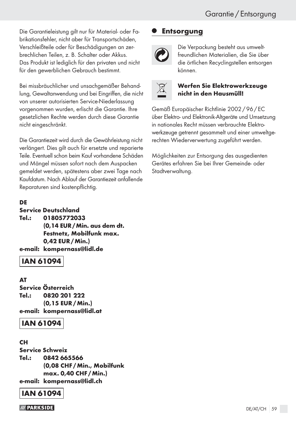 Garantie / entsorgung, Entsorgung | Parkside PBSG 55 A1 User Manual | Page 59 / 61