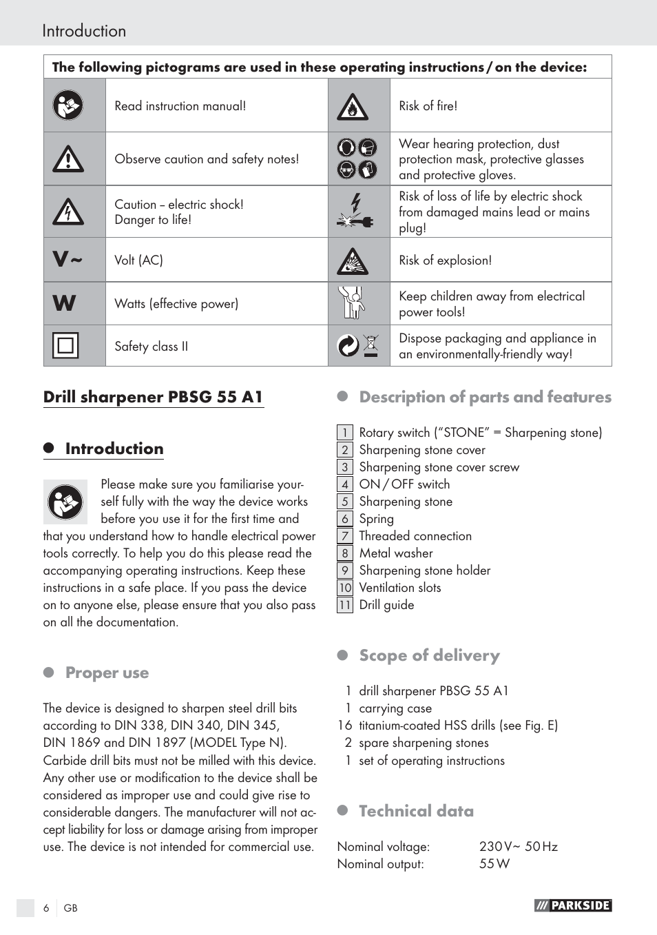 Introduction, Drill sharpener pbsg 55 a1, Proper use | Description of parts and features, Scope of delivery, Technical data | Parkside PBSG 55 A1 User Manual | Page 6 / 61