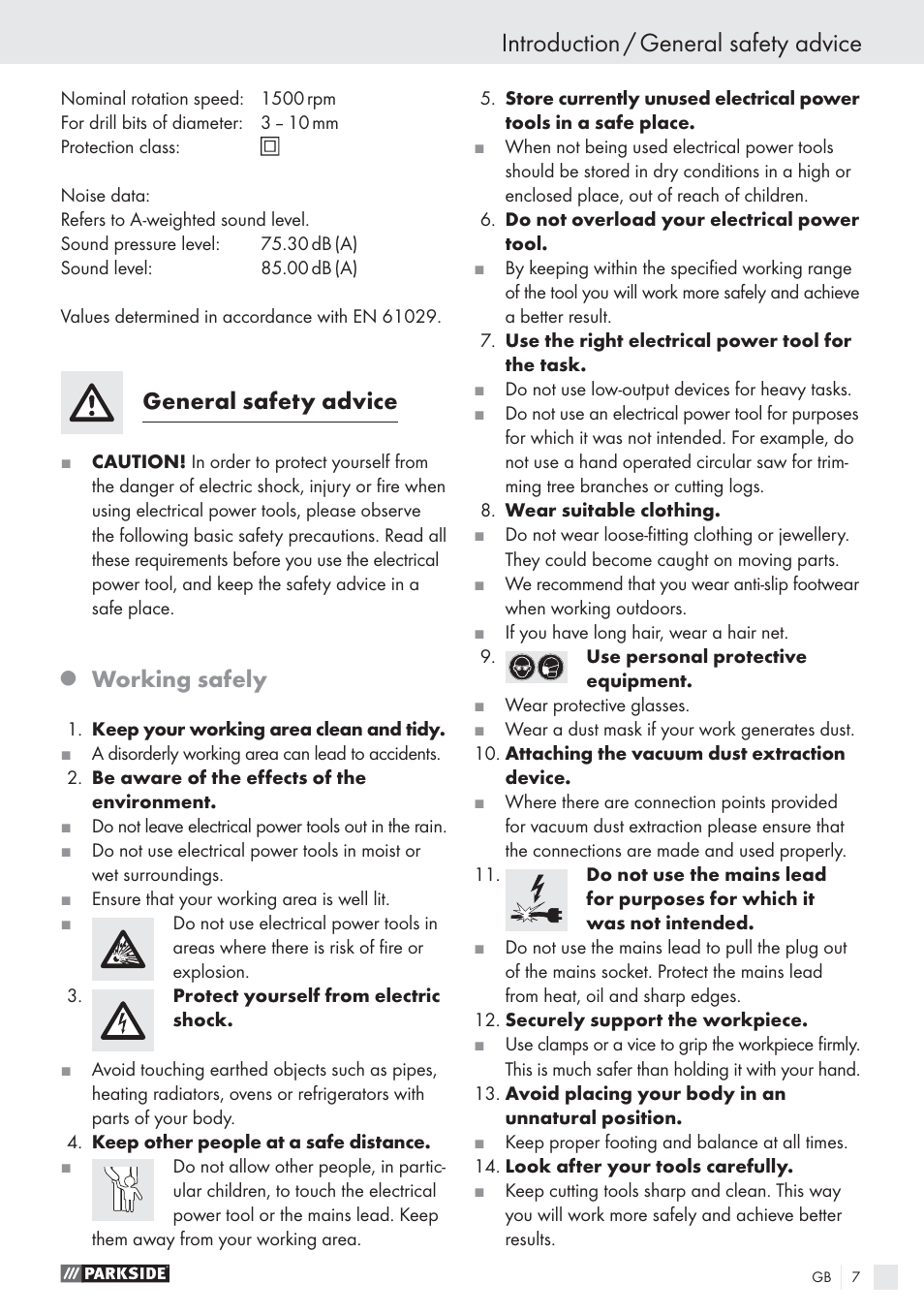 Introduction / general safety advice, General safety advice, Working safely | Parkside PBSG 55 A1 User Manual | Page 7 / 61