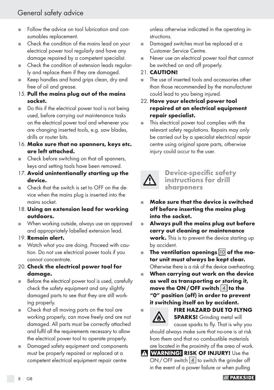 General safety advice | Parkside PBSG 55 A1 User Manual | Page 8 / 61