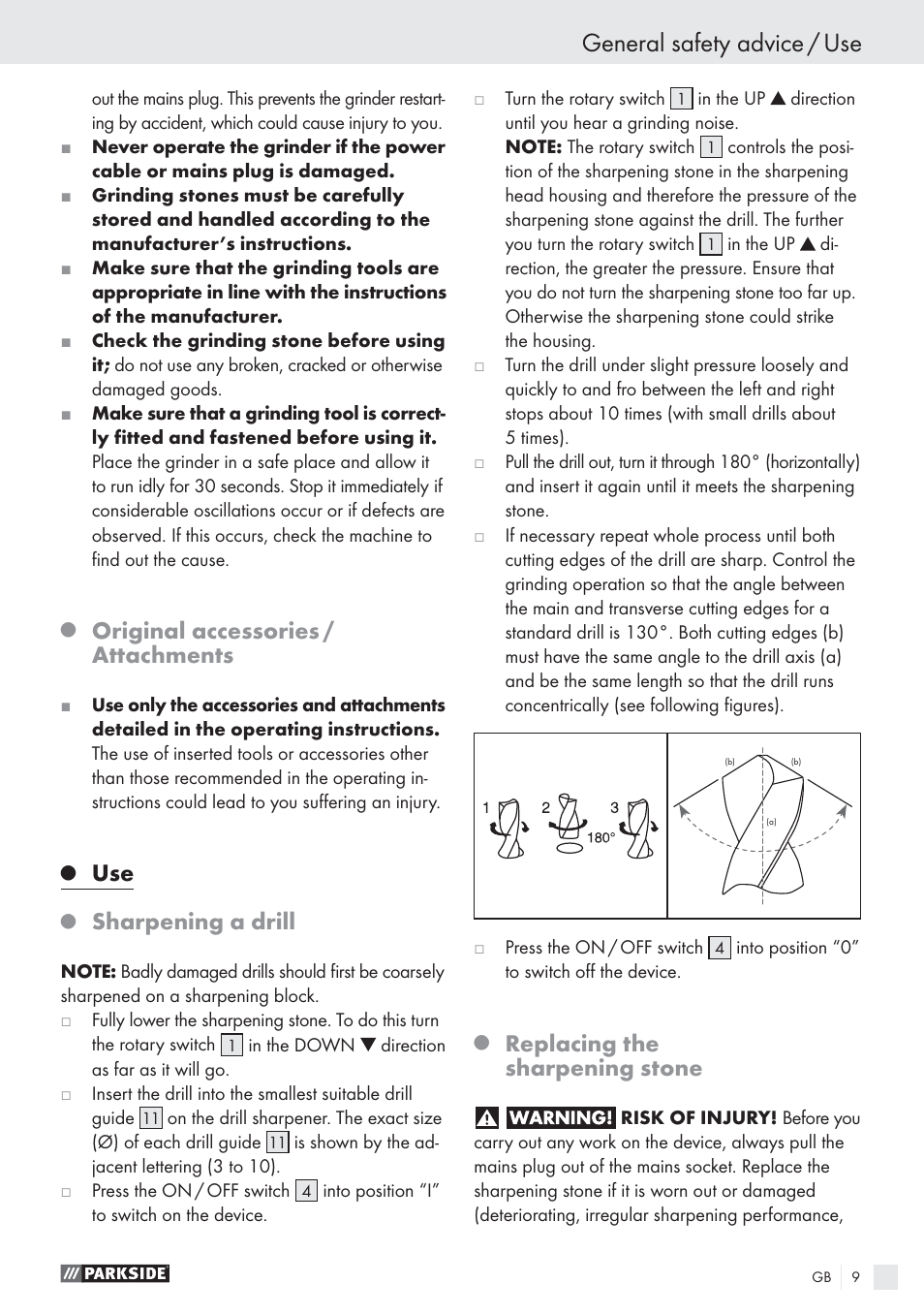 General safety advice / use, Original accessories / attachments, Sharpening a drill | Replacing the sharpening stone | Parkside PBSG 55 A1 User Manual | Page 9 / 61
