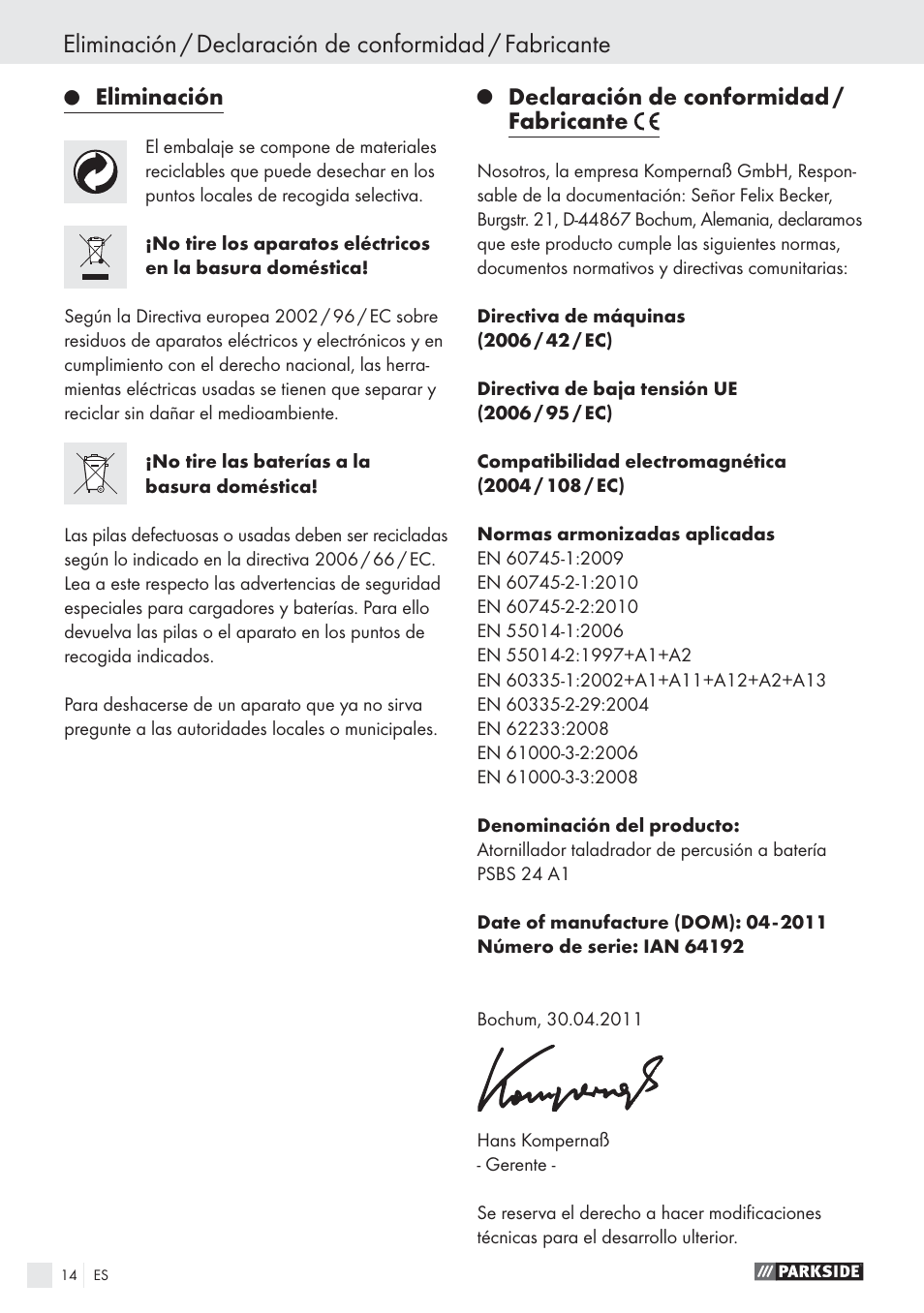 Eliminación, Declaración de conformidad / fabricante | Parkside PSBS 24 A1 User Manual | Page 14 / 55