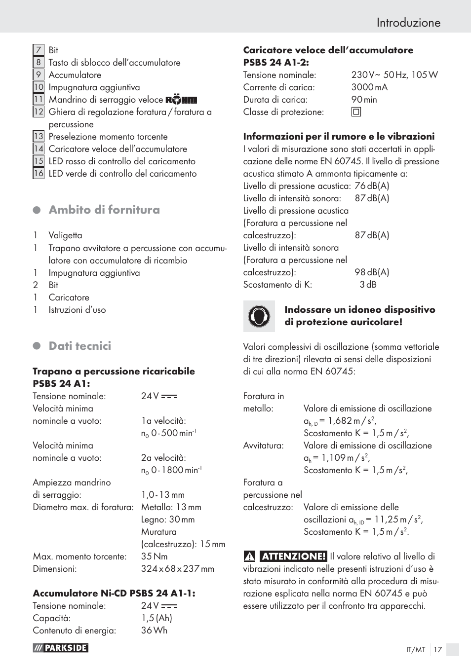 Introduzione, Ambito di fornitura, Dati tecnici | Parkside PSBS 24 A1 User Manual | Page 17 / 55