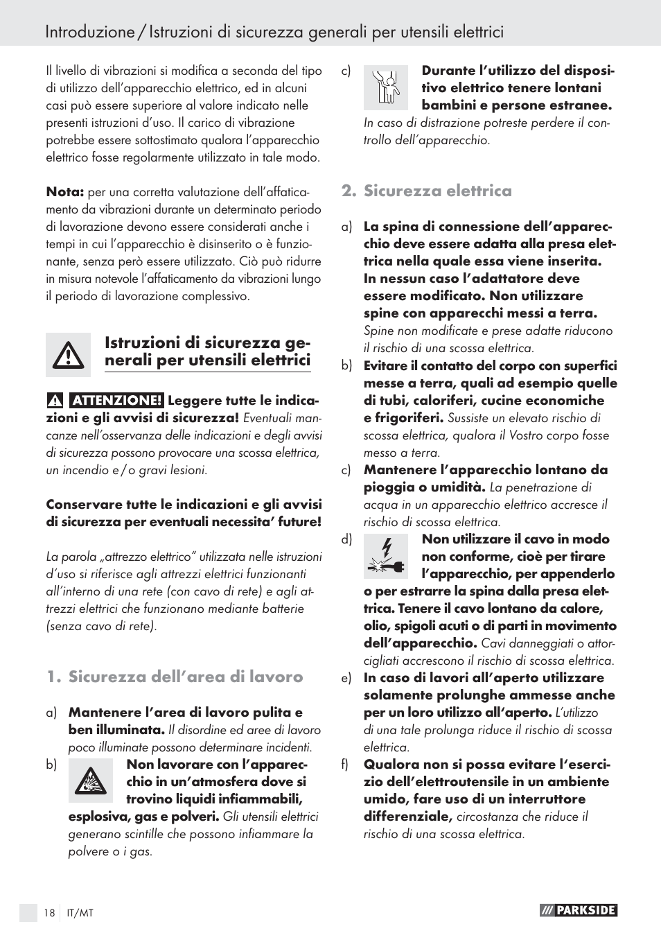 Sicurezza dell’area di lavoro, Sicurezza elettrica | Parkside PSBS 24 A1 User Manual | Page 18 / 55