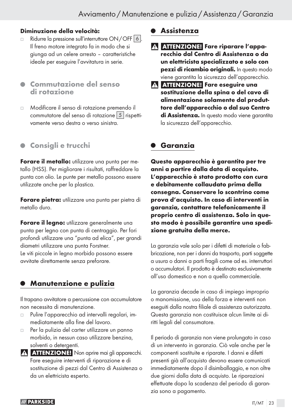 Commutazione del senso di rotazione, Consigli e trucchi, Manutenzione e pulizia | Assistenza, Garanzia | Parkside PSBS 24 A1 User Manual | Page 23 / 55