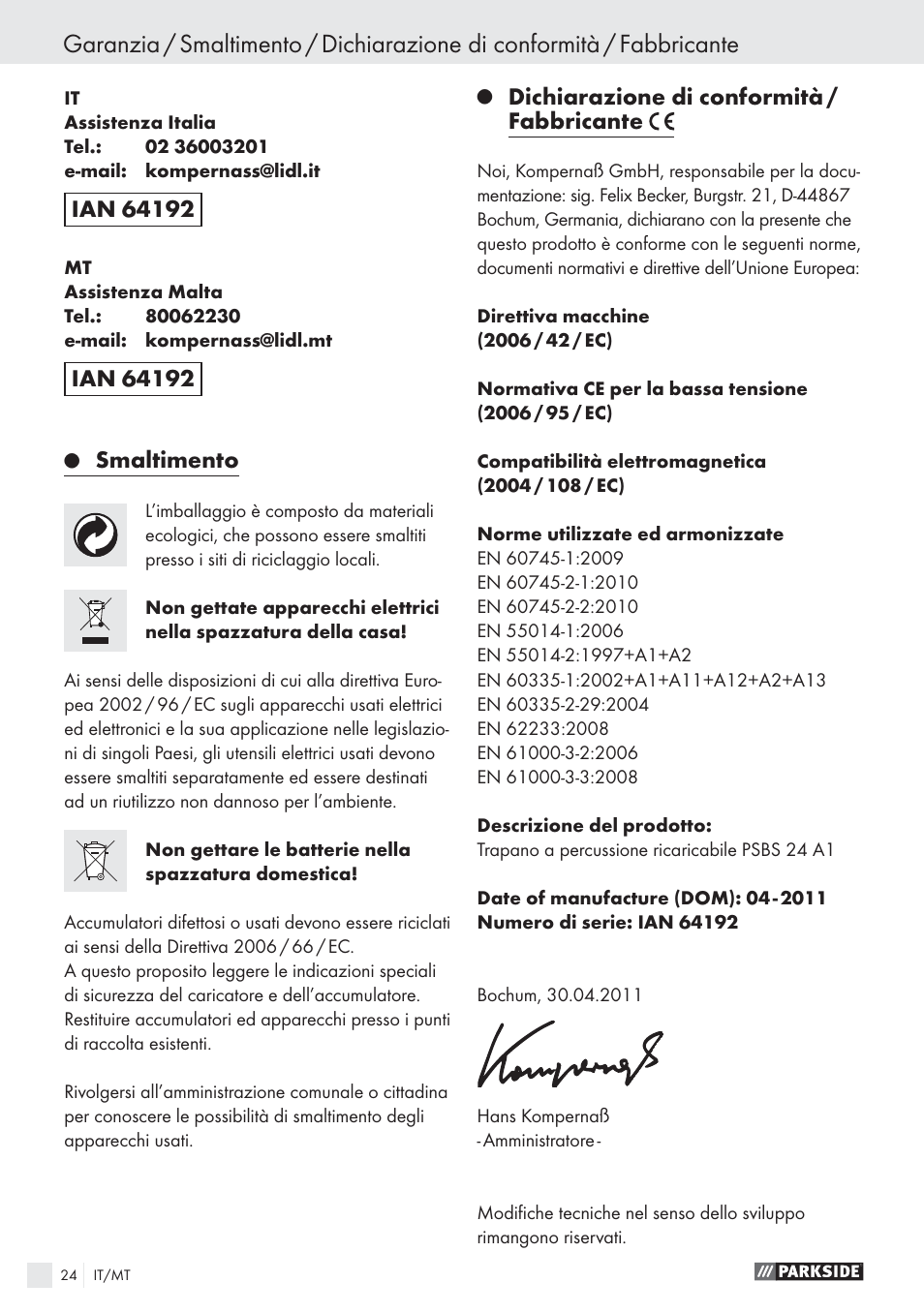 Smaltimento, Dichiarazione di conformità / fabbricante | Parkside PSBS 24 A1 User Manual | Page 24 / 55